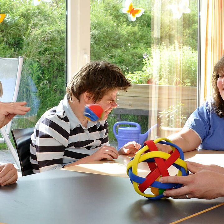Lebenshilfe Bergisches Land: vier Menschen spielen ein Ballspiel am Tisch. Im Hintergrund sind bunte Papier-Schmetterlinge an die Fensterscheibe geklebt.
