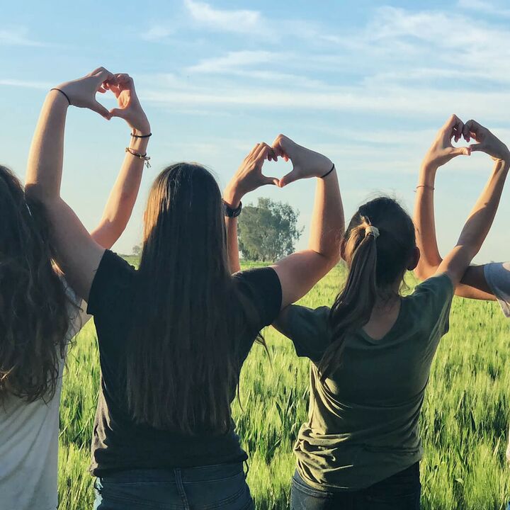 Vier Frauen stehen nebeneinander mit dem Rücken zur Kamera in einem grünen Feld und bilden mit ihren Händen Herzen.